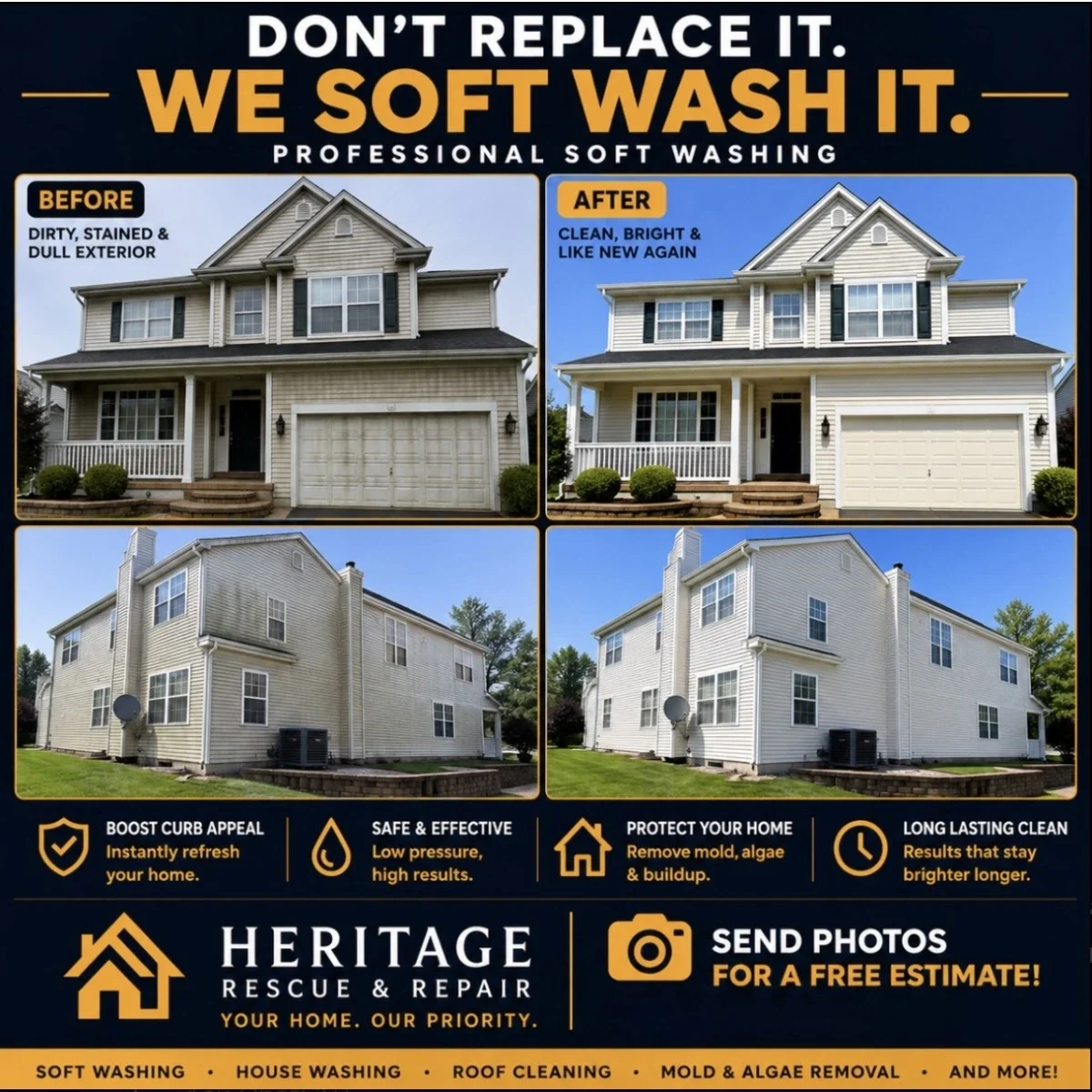 Soft washing service before and after by Heritage Rescue & Repair