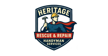 Heritage Rescue & Repair Handyman Services badge logo featuring a superhero figure holding a hammer