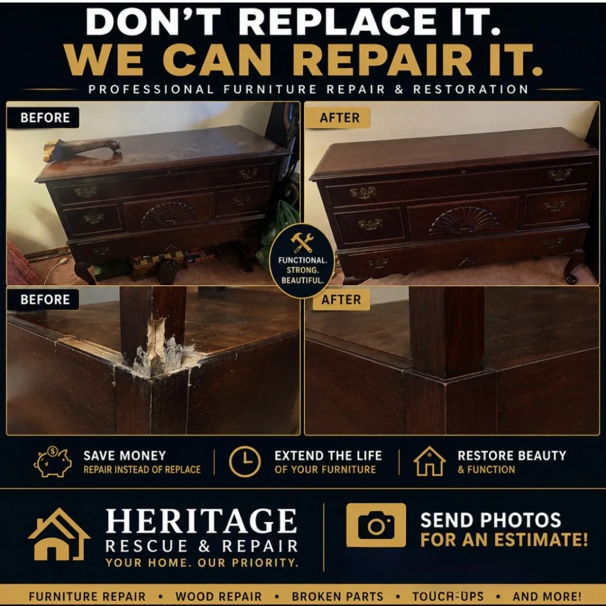 Heritage Rescue & Repair wooden furniture repair, wood repair, broken part repair, and restoration service in Chicagoland