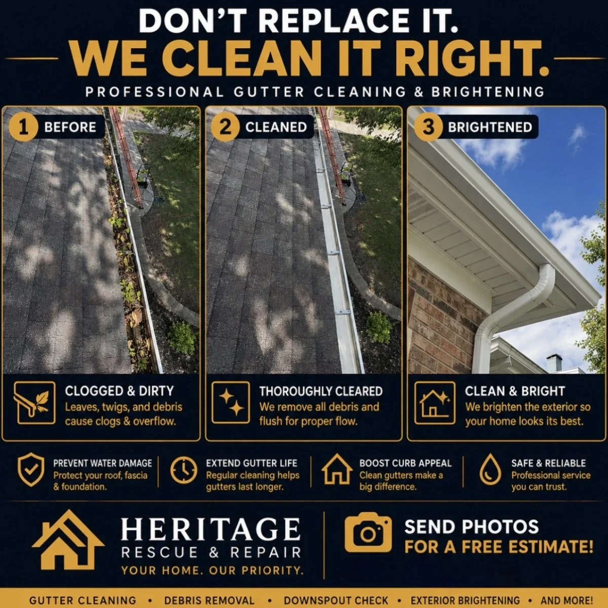 Heritage Rescue & Repair gutter cleaning, debris removal, downspout checking, and gutter brightening service in Chicagoland