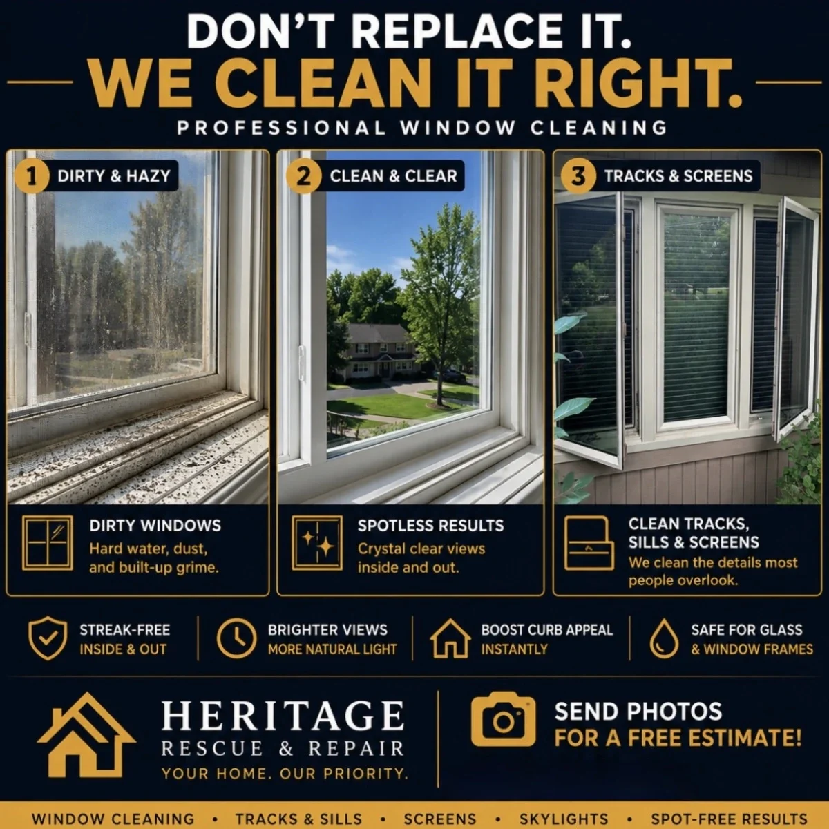 Professional window cleaning service featuring three step process, including tracks, sills, and screens, producing clear views, streak-free results, and increased natural light.