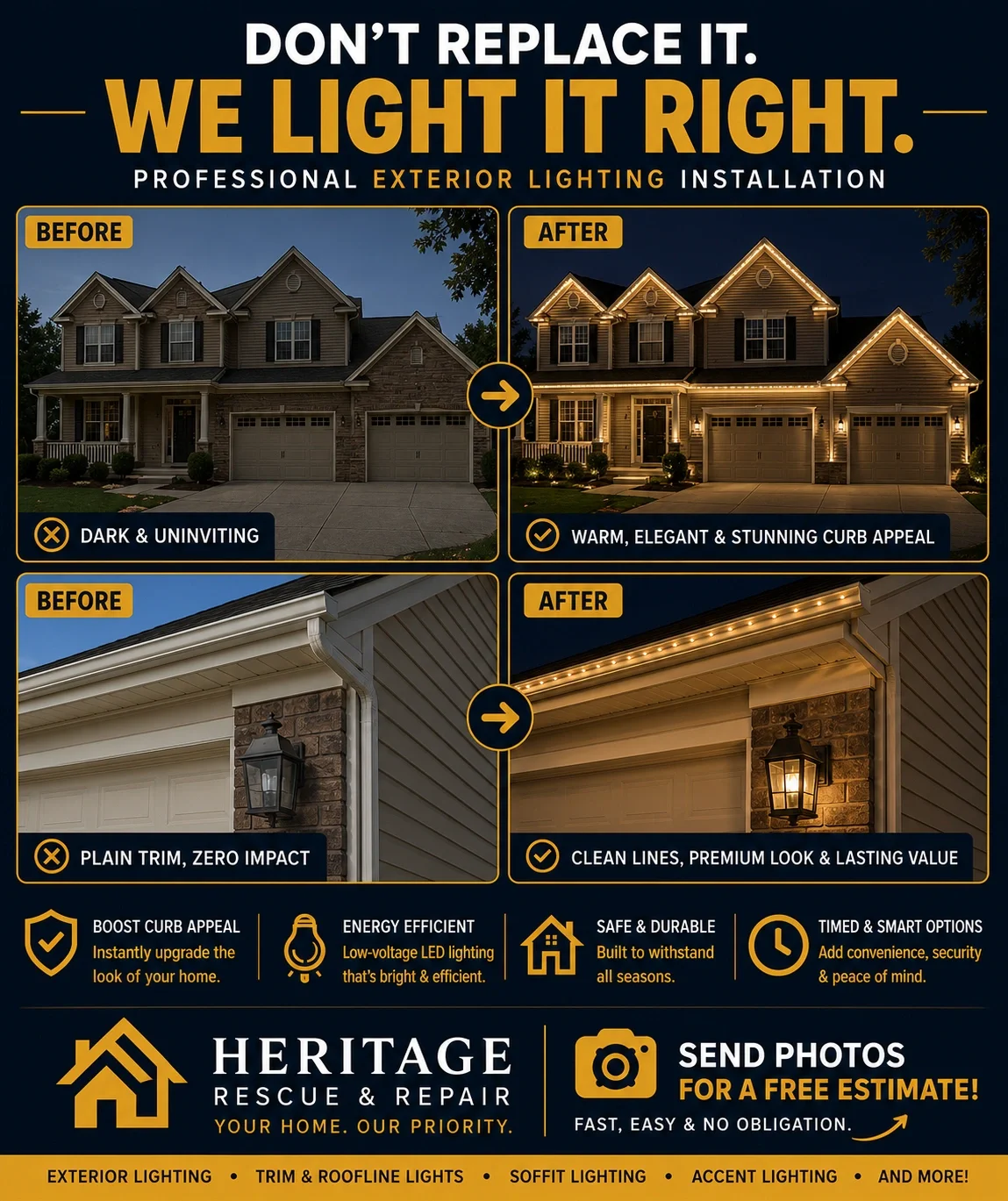 Before-and-after exterior lighting upgrades on Chicagoland home.