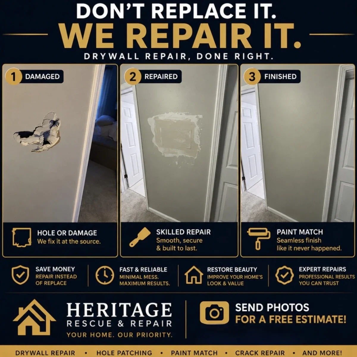 Heritage Rescue & Repair drywall repair, hole patching, paint match, and handyman repair service in Chicagoland