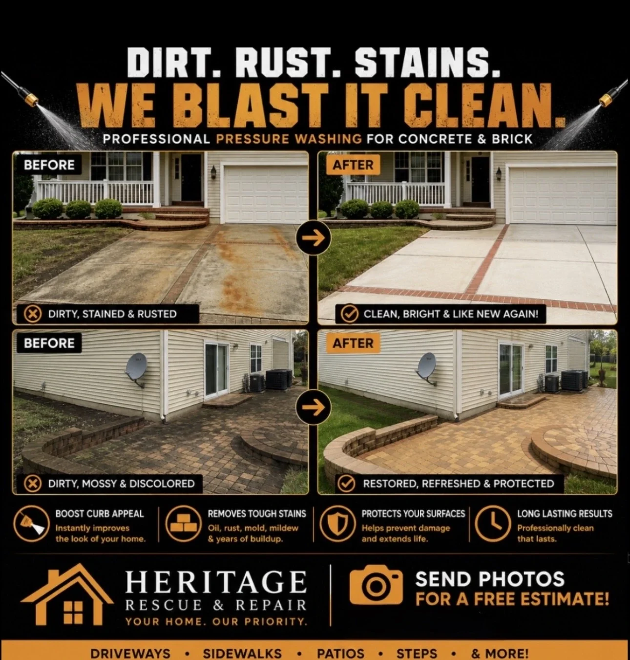 Pressure washing for concrete, brick, patios, and driveways.