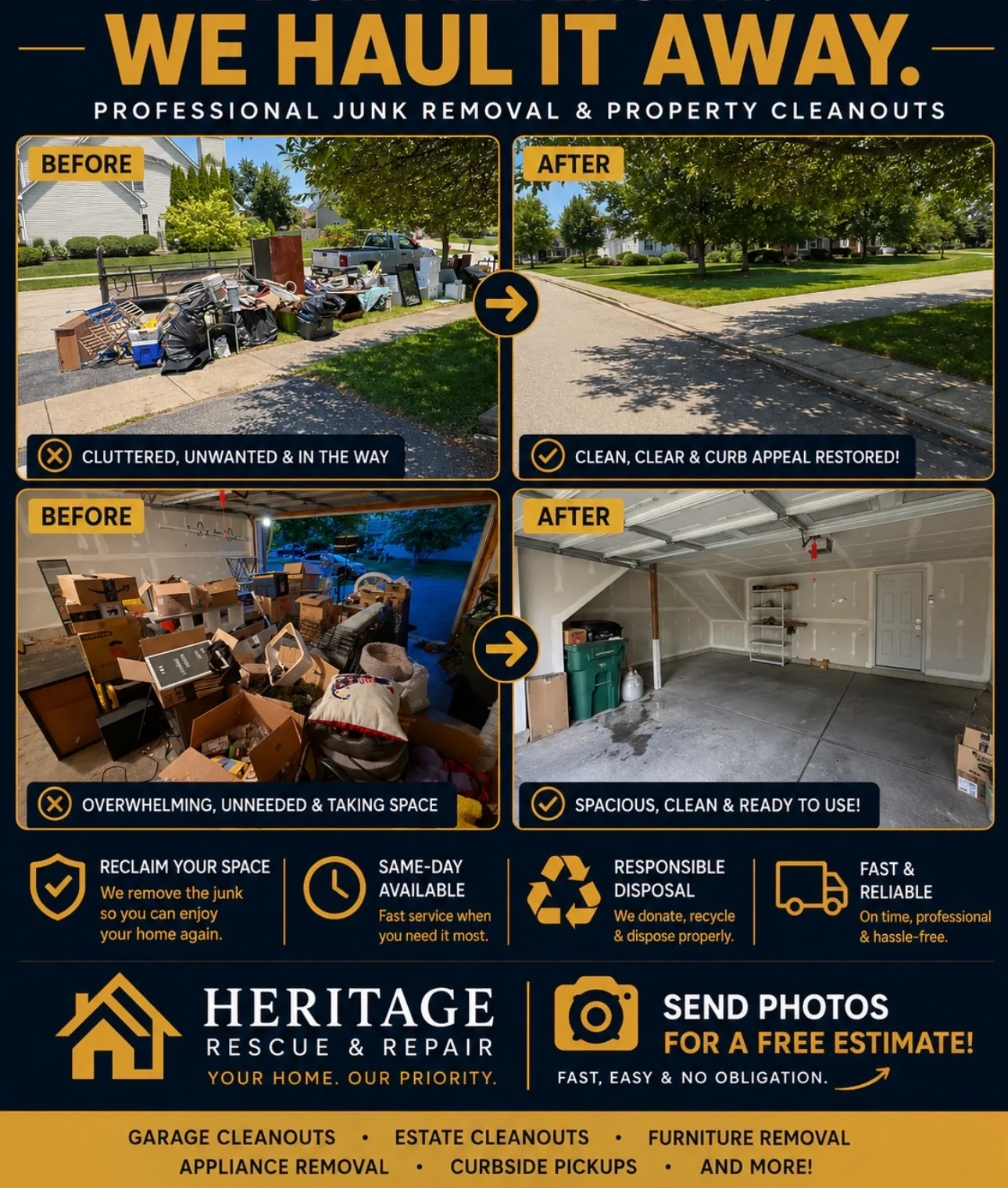 Junk removal and property cleanout services by Heritage Rescue & Repair