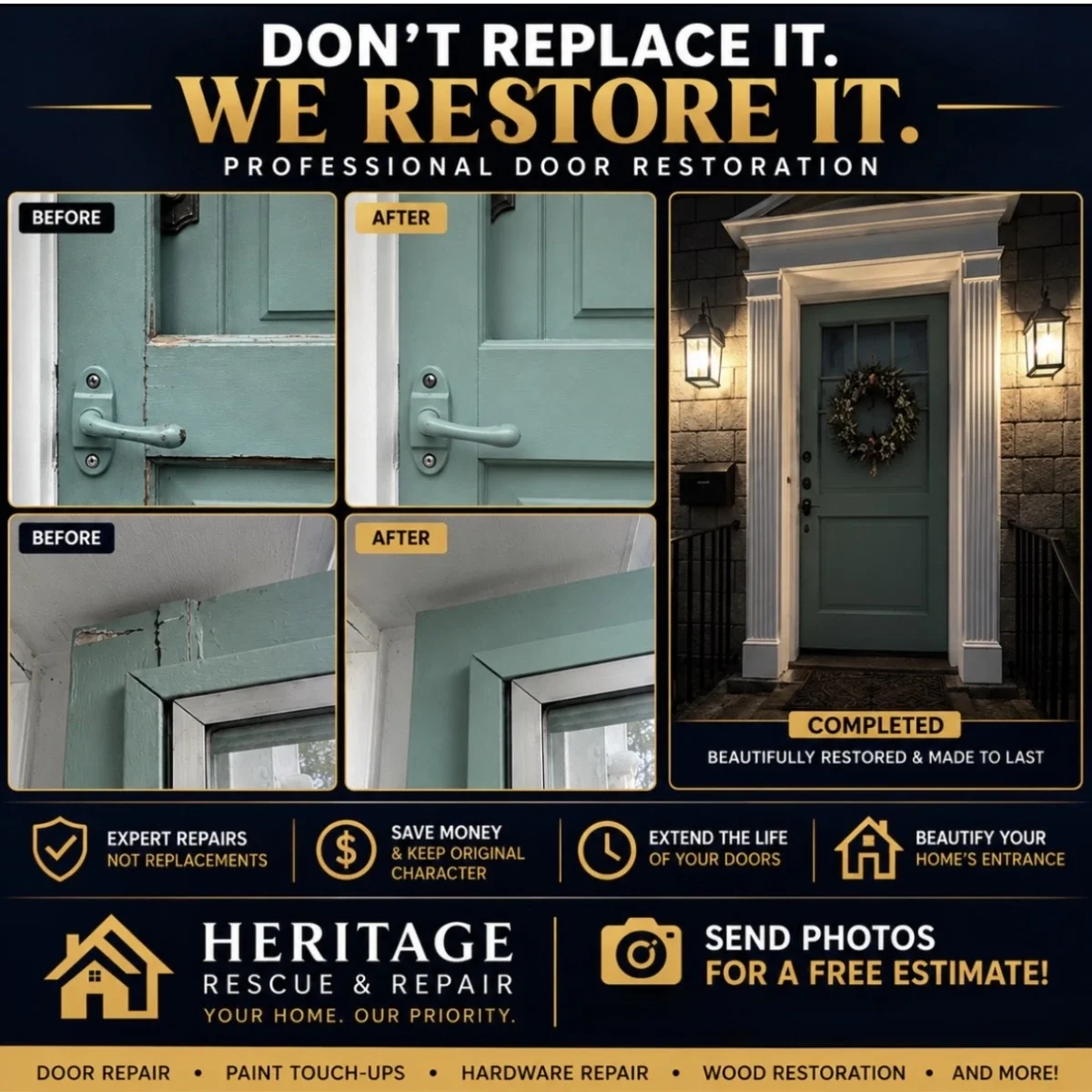 Heritage Rescue & Repair door repair, paint touch-up, hardware repair, and exterior door restoration service in Chicagoland