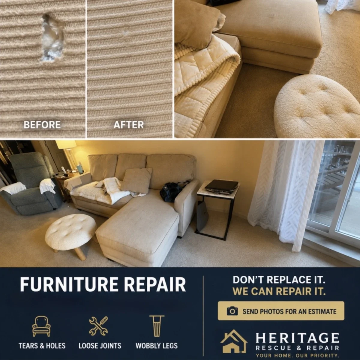 Heritage Rescue & Repair furniture repair, furniture assembly, broken part repair, and restoration service in Chicagoland