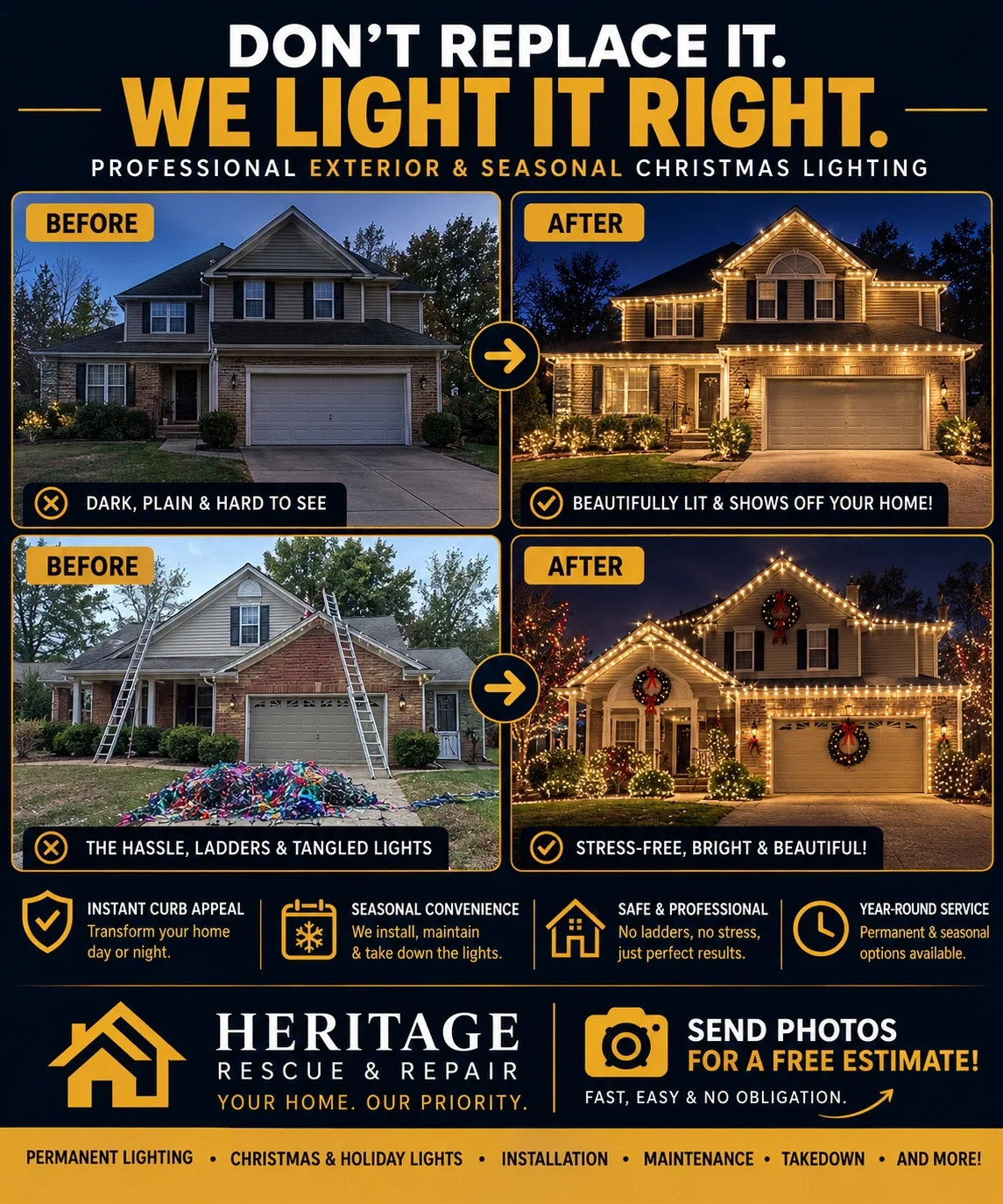 Heritage Rescue & Repair - Before-and-after images of houses illuminated with professional exterior Seasonal & Christmas lighting.