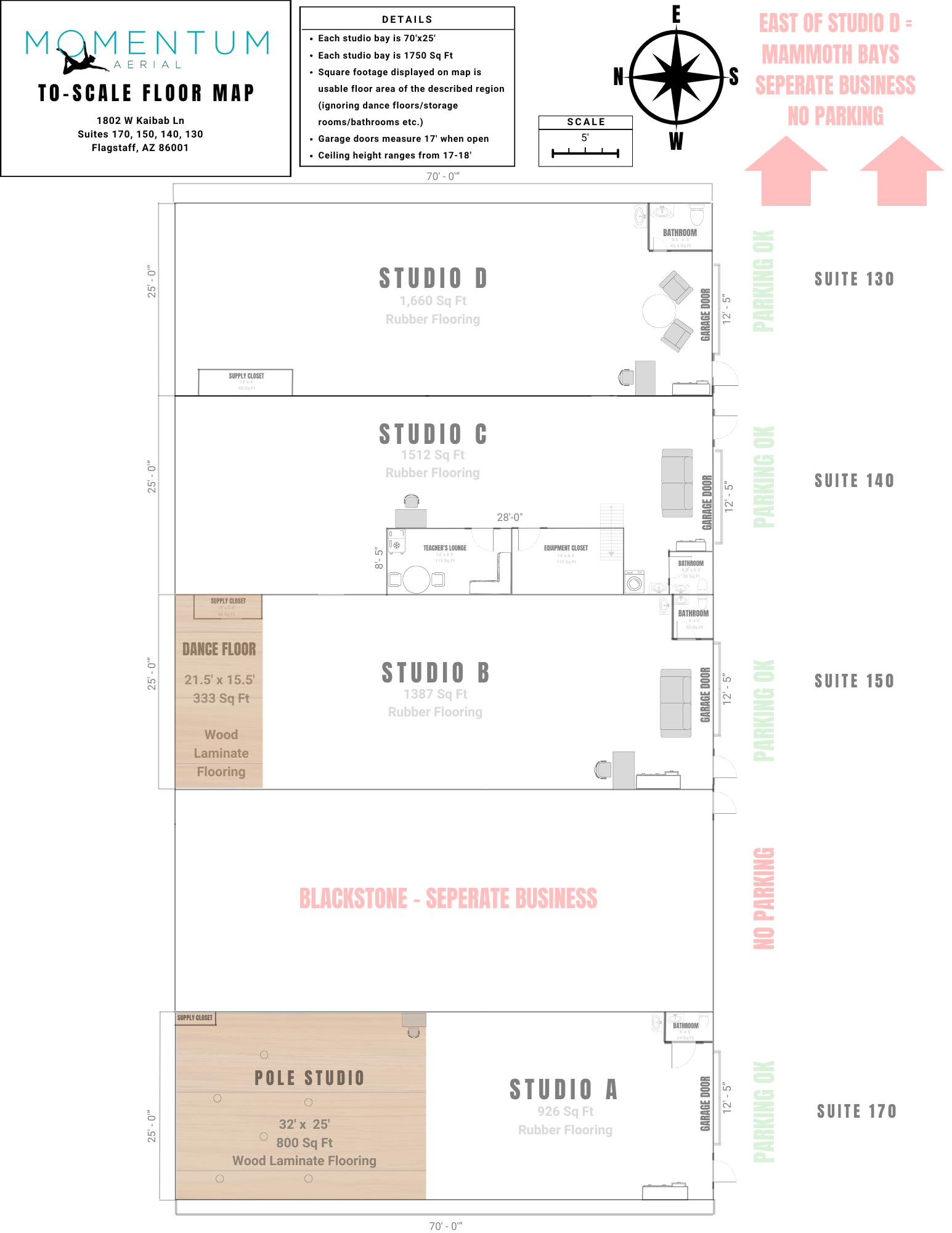 Floor plan of a dance studio building with four main studios labeled A, B, C, D, a Pole Studio, and three bathrooms. Studio A is 926 sq ft with wood laminate flooring. Studio B is 1387 sq ft with rubber flooring. Studio C is 1512 sq ft with rubber flooring. Studio D is 1660 sq ft with rubber flooring. The Pole Studio is 800 sq ft with wood laminate flooring. There are several suites numbered 130, 140, 150, and 170 with parking areas designated as 'Parking OK' and 'No Parking,' and a separate business area called Blackstone.