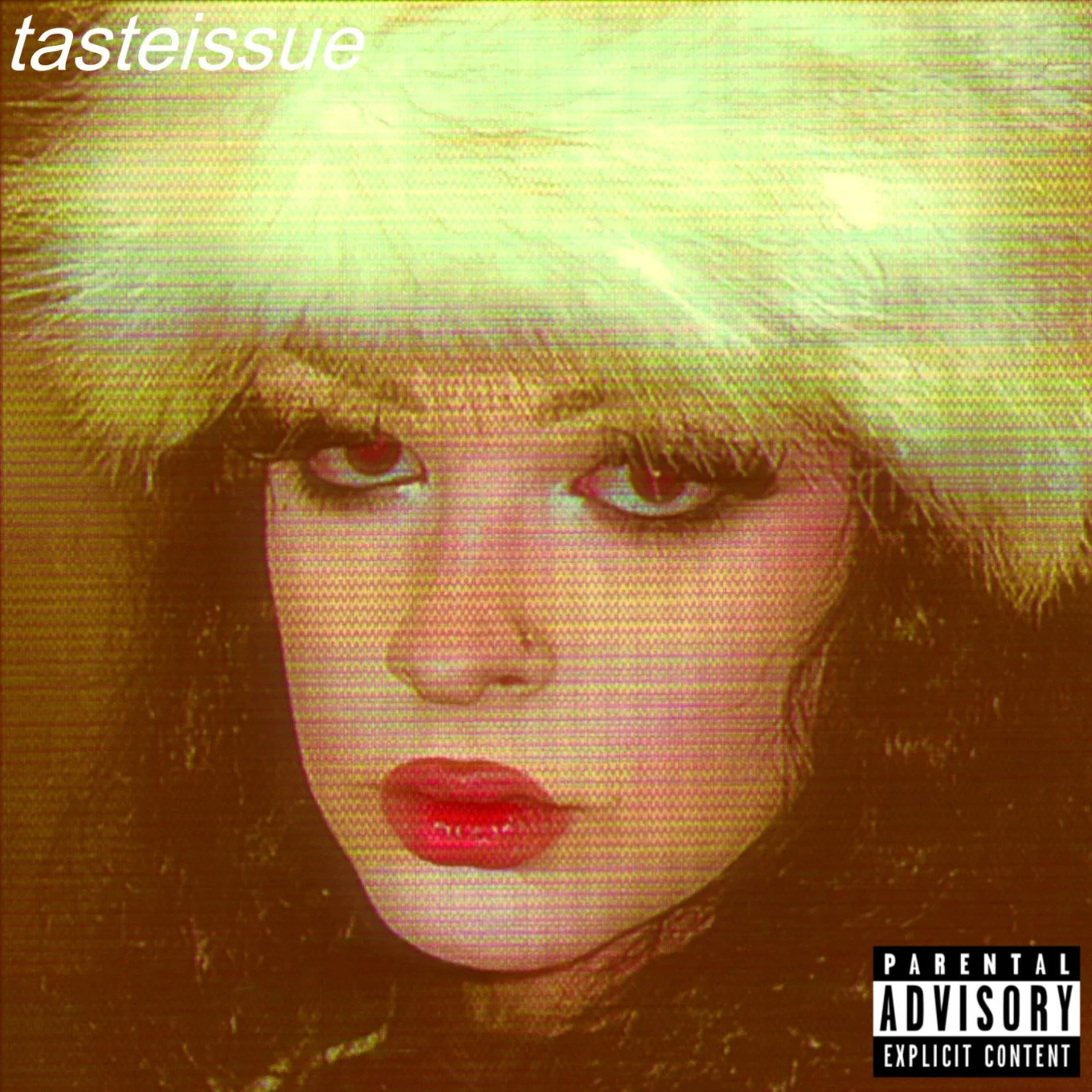 Close-up of a woman's face with makeup, wearing a fur hat, with a sun burst effect and the word 'tasteissue' in the top left corner, and a parental advisory label in the bottom right corner.
