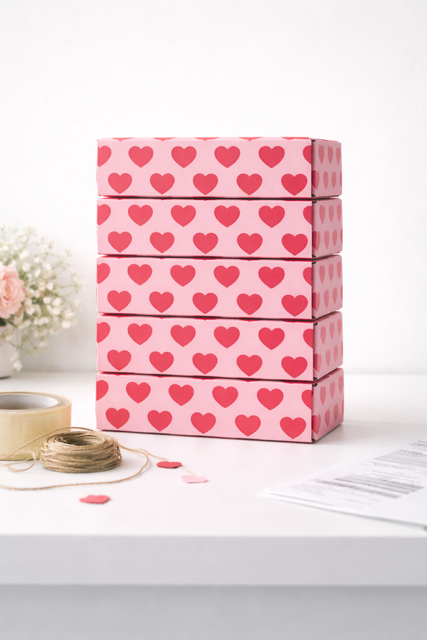 Stack of five pink boxes with red hearts on a white surface.