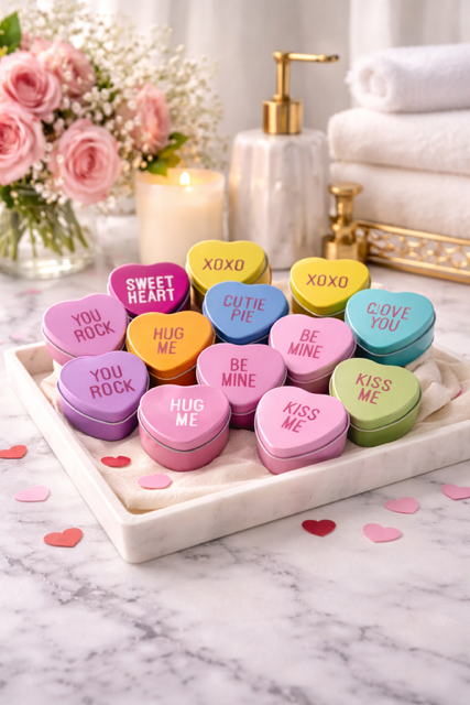 Assorted pastel-colored heart-shaped candles with romantic and sweet messages, arranged on a tray with rose petals, alongside a floral arrangement, candles, and towels in a bathroom setting.