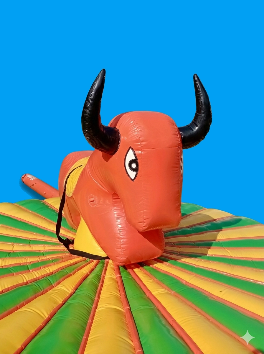 Ein Kind sitzt auf einem bunten, aufblasbaren Rodeo-Bulle, auf einem Luftbett im Freien bei schönem Wetter.