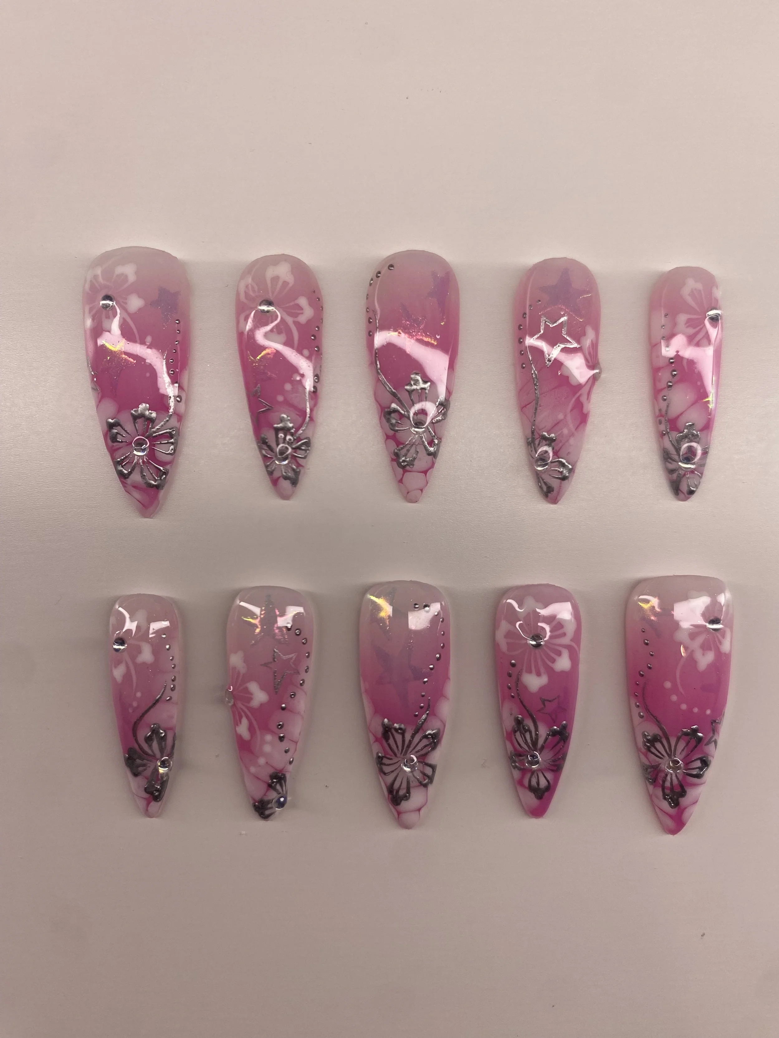 pink & silver hibiscus press on nails