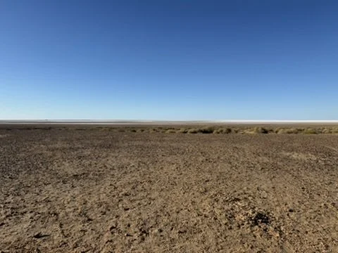 Wide view of a flat, dry desert landscape under a clear blue sky.