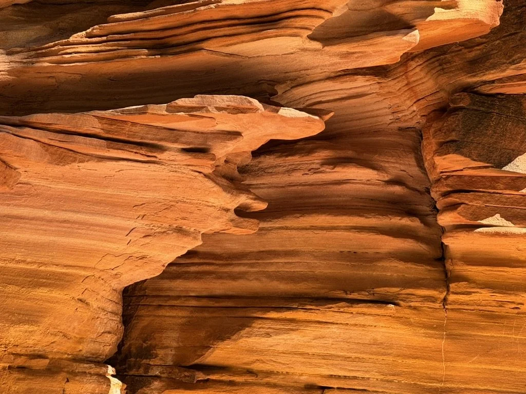 Close-up of layered orange and brown sandstone formations.