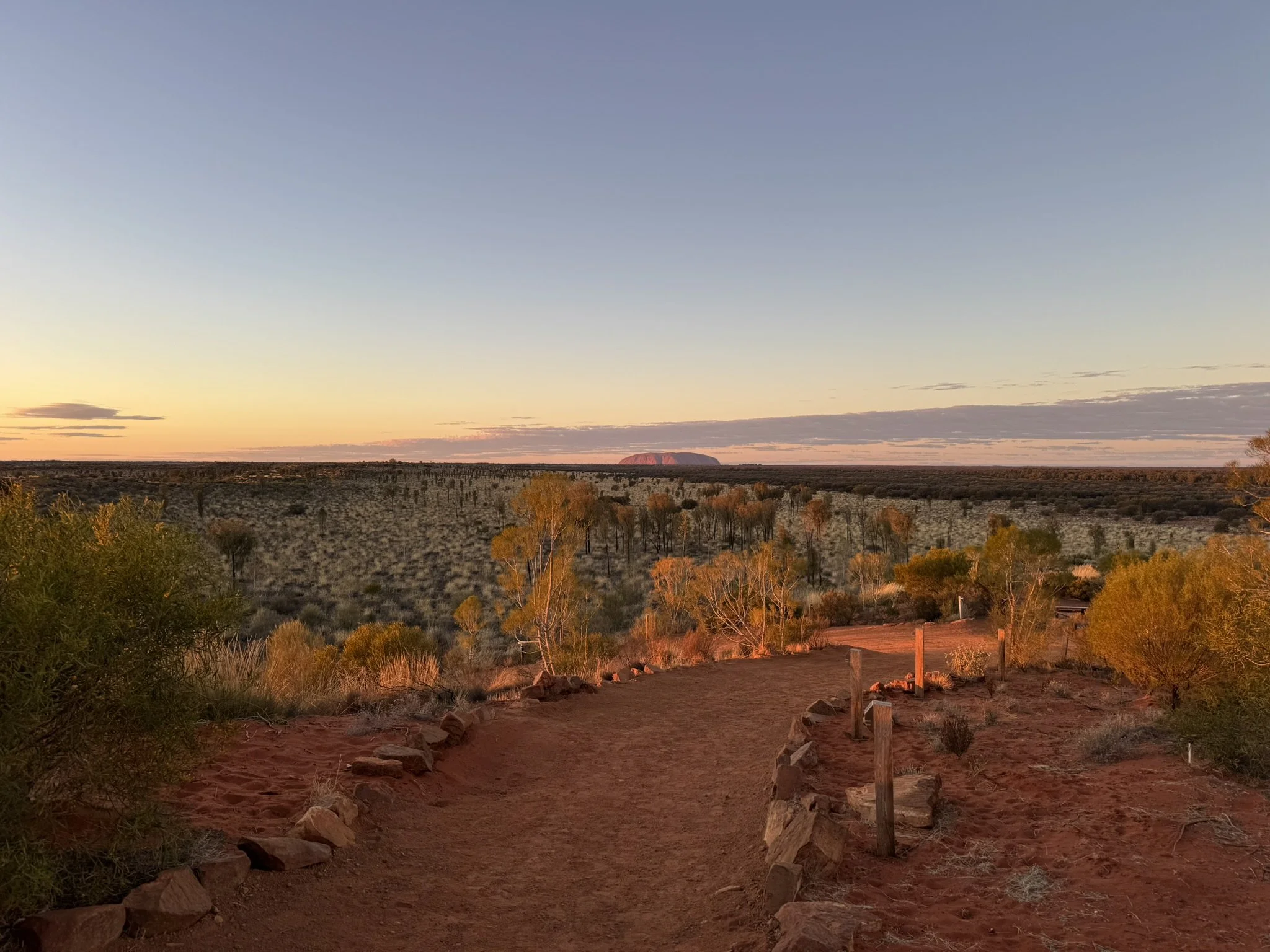 A dirt trail in a desert landscape at sunset with sparse trees and distant flat-topped mountain.