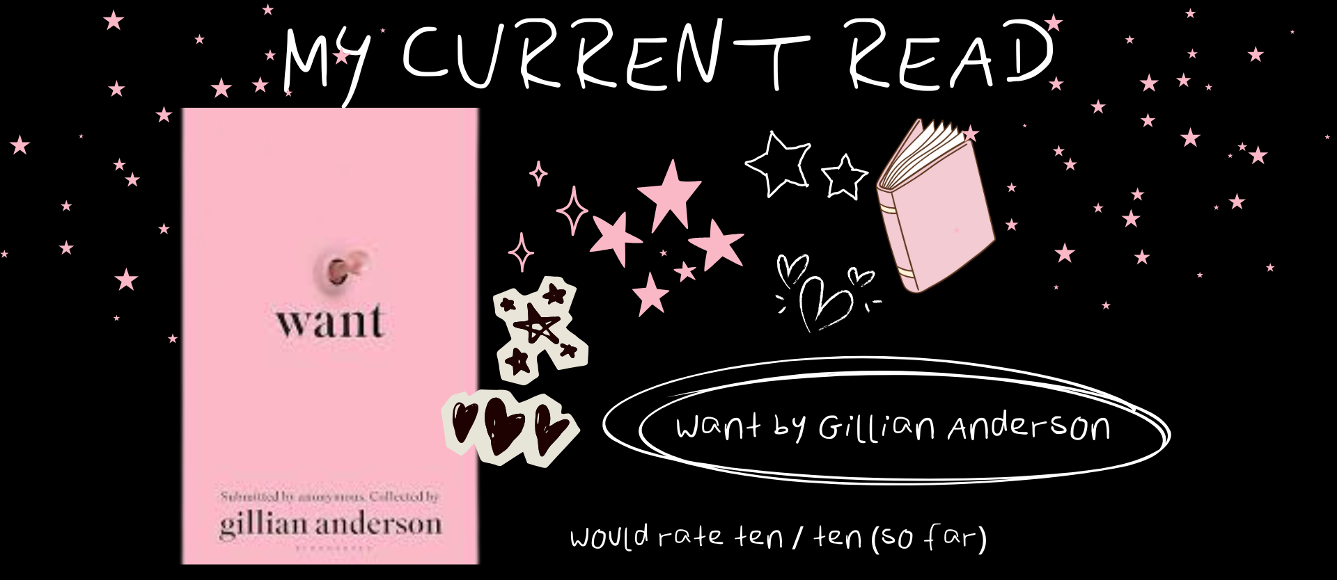 A visual display resembling a book review or reading list titled 'My Current Read' with a pink book cover labeled 'Want' and a handwritten note showing a 10 out of 10 rating for a book called 'Want' by Gillian Anderson, surrounded by doodles of stars, hearts, and an open pink book, all on a black background with pink accents.