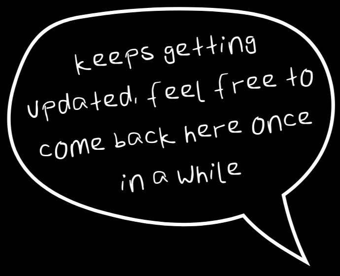 A black speech bubble with white handwritten text that reads: "keeps getting updated, feel free to come back here once in a while."