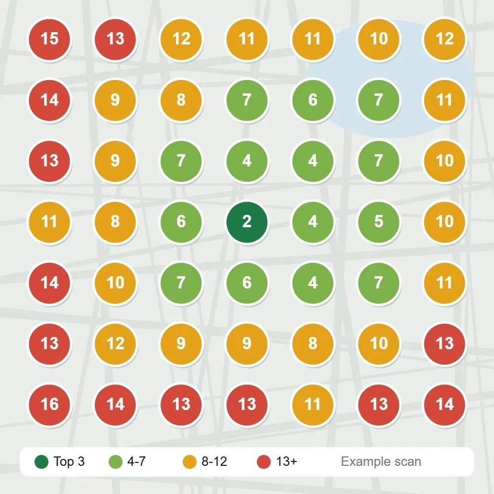 Example Google Maps ranking heatmap showing top 3 positions across a Kalispell service area