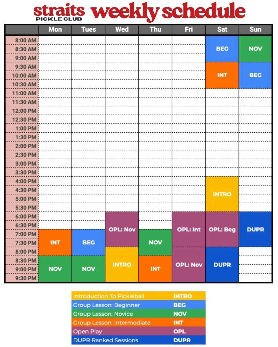 Pickleball Weekly Schedule Singapore