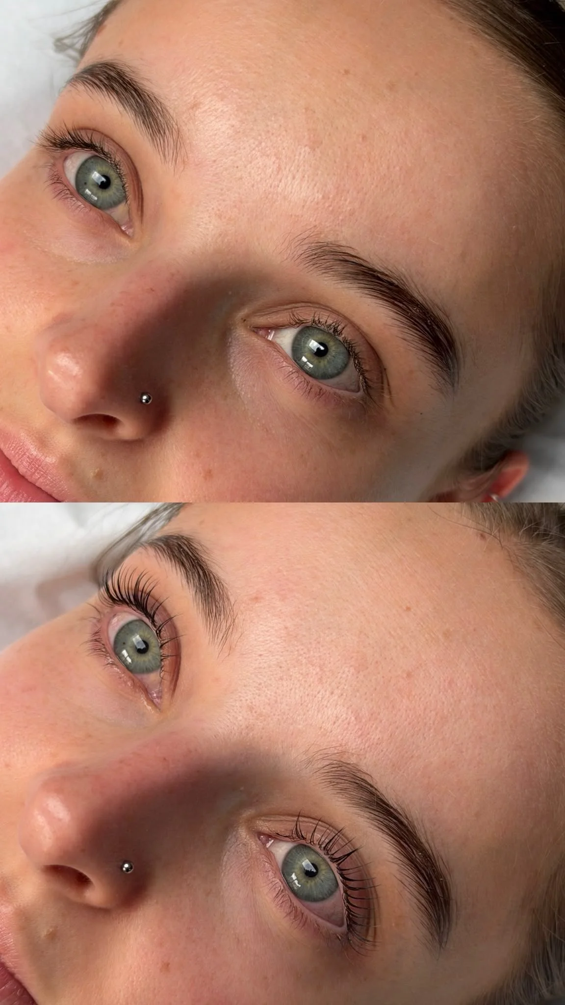Before and after lash lift and tint result — natural lashes versus lifted and darkened lashes.
