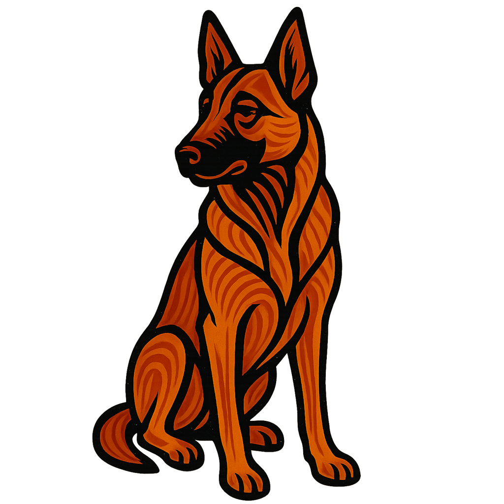 Grafik eines sitzenden Belgischen Schäferhundes der Rasse Malinois mit oranger Textur und schwarzen Konturen.