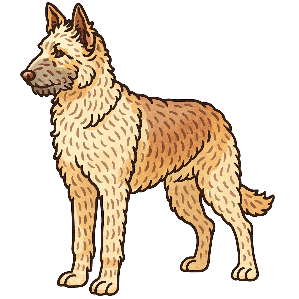 Eine illustration eines Laekenois mit braunem Fell und einem dichten, texturierten Körper. Das Gesicht hat markante Konturen und spitze Ohren.