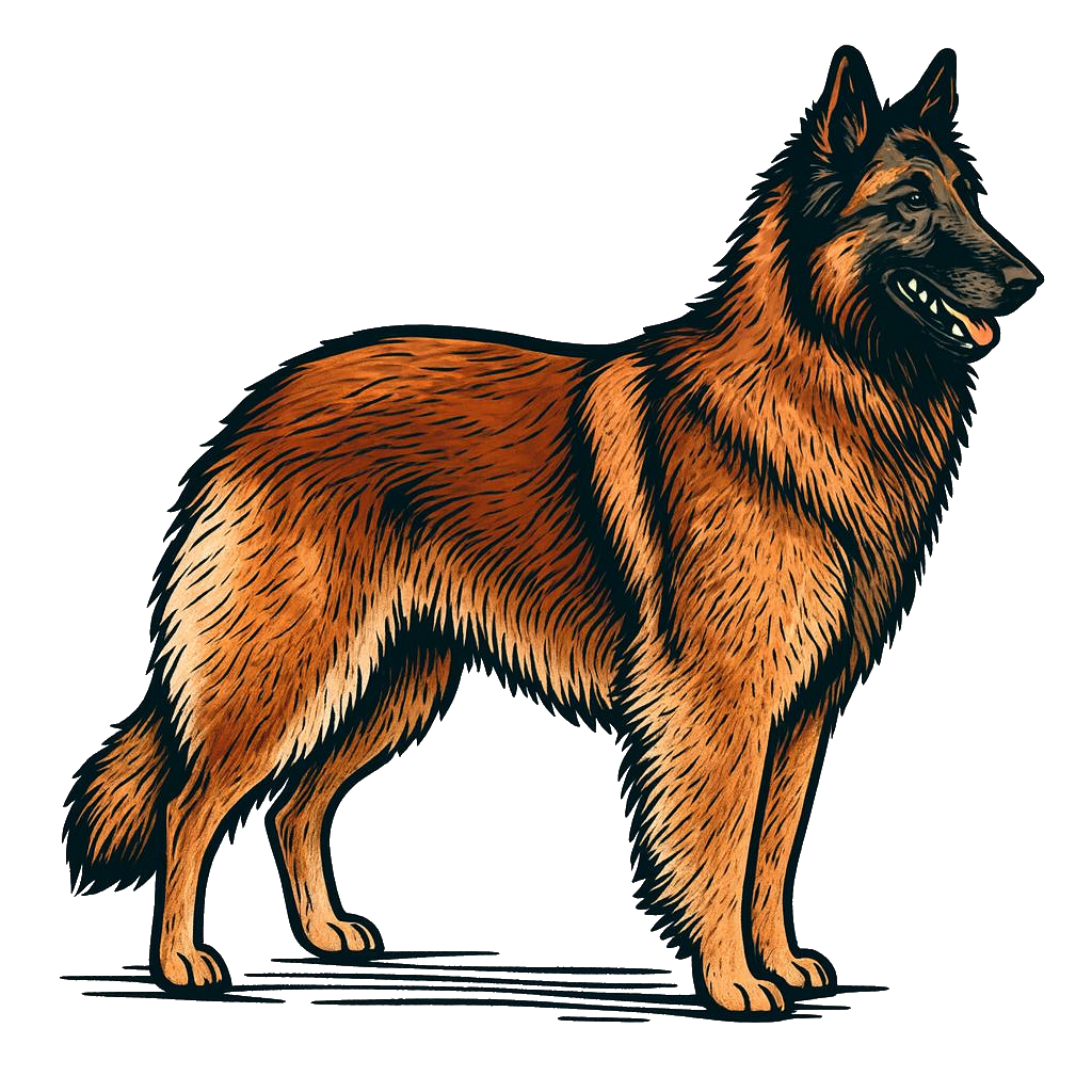 Illustration eines Tervueren mit brauem und schwarzem Fell, stehend und lächelnd.