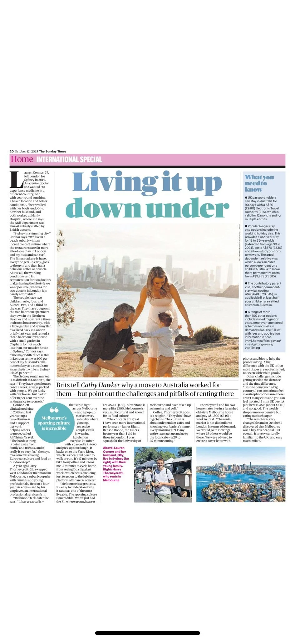 Newspaper article with the headline 'Living it up down under,' featuring a family enjoying an outdoor scene with a city skyline near water. The article discusses Aussies moving to Australia and includes photos of people at the beach and cityscape.