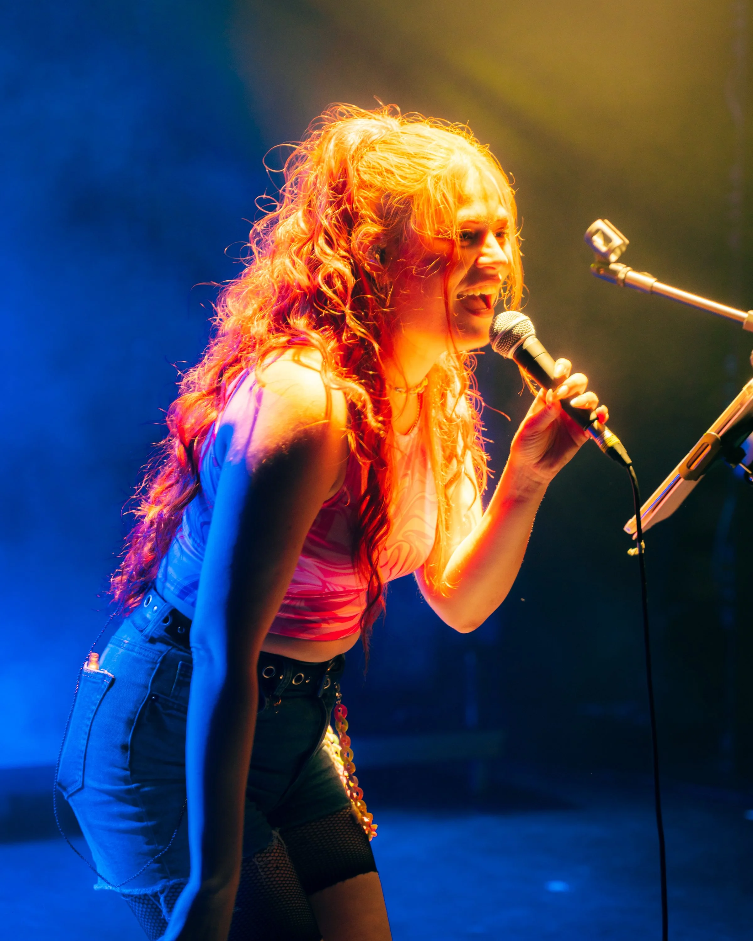 Una donna con capelli ricci arancioni che canta in piedi, tenendo un microfono, in un concerto con luci colorate