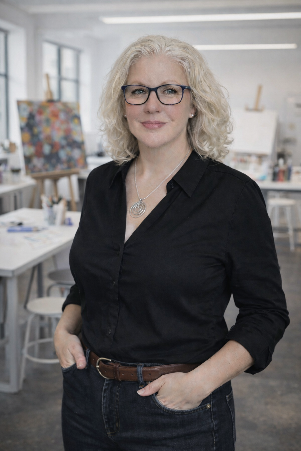 A woman with curly blonde hair, wearing glasses, a black shirt, and a necklace, standing in an art studio with paintings, tables, and art supplies in the background.