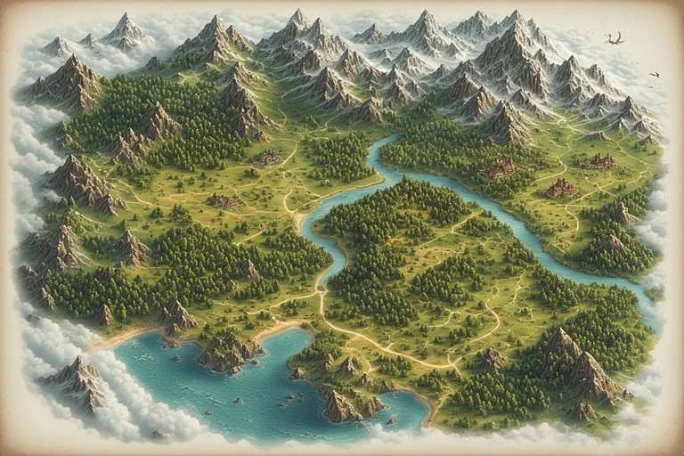 Part of Aldana, showing the great lakes, the river and the mountains.