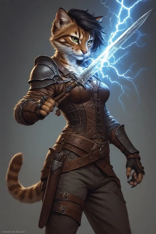 Tamelia.
A feisty fighter, trained in different fighting styles including using her claws, she carries an ancient indestructible blade which she wields in one hand, and a stabbing knife in the other, a warlock enchanted the blade with lightning which