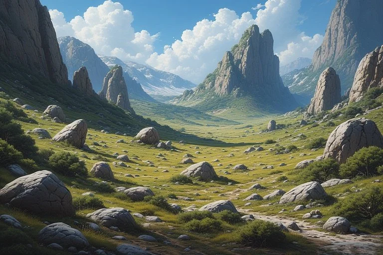 an open landscape filled with rocks, both Tamelia, and Albram and Galnar travel through.
