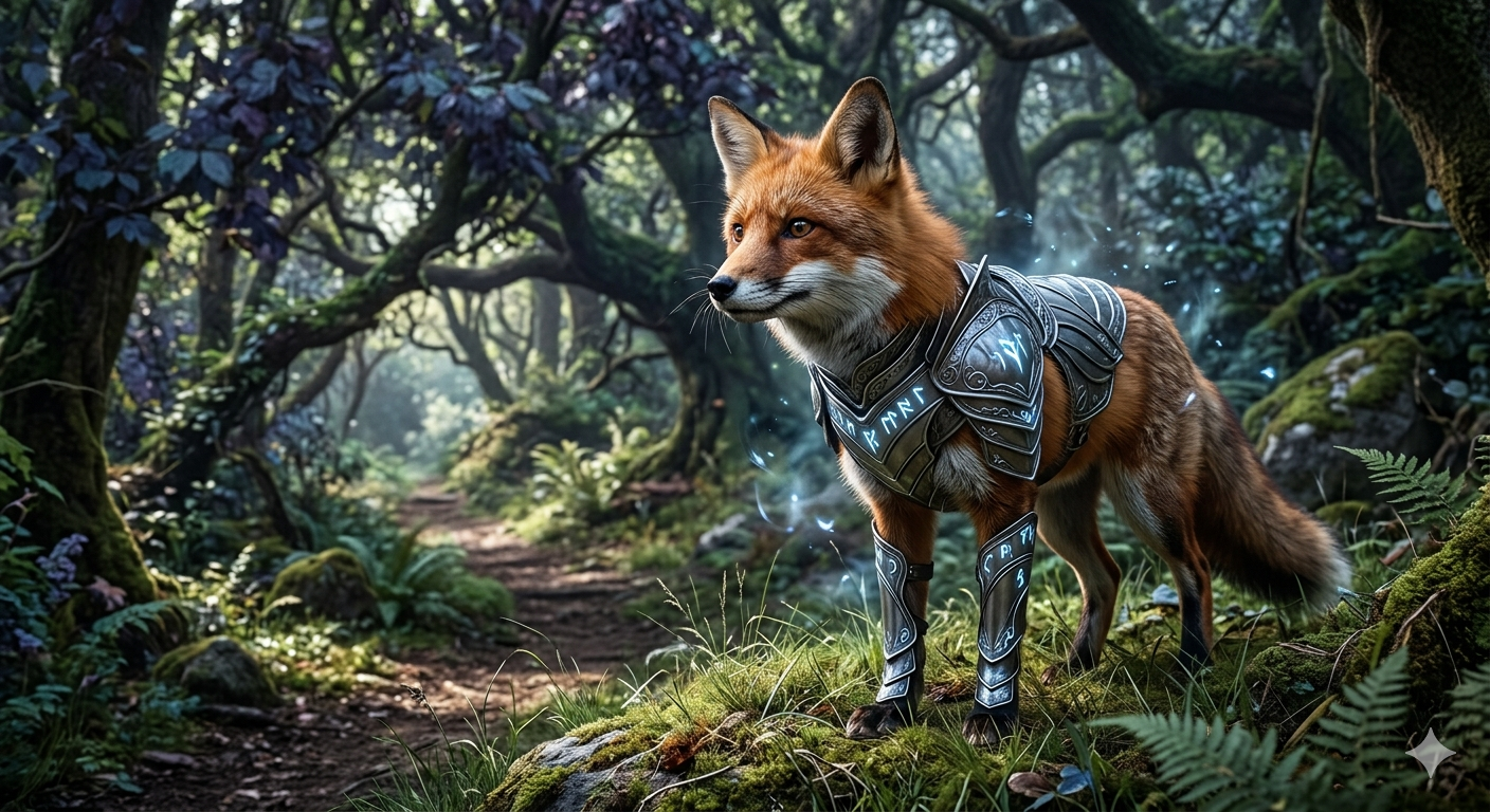 Kits the brave and loyal fox, in his special enchanted armour allowing him to pass unseen.