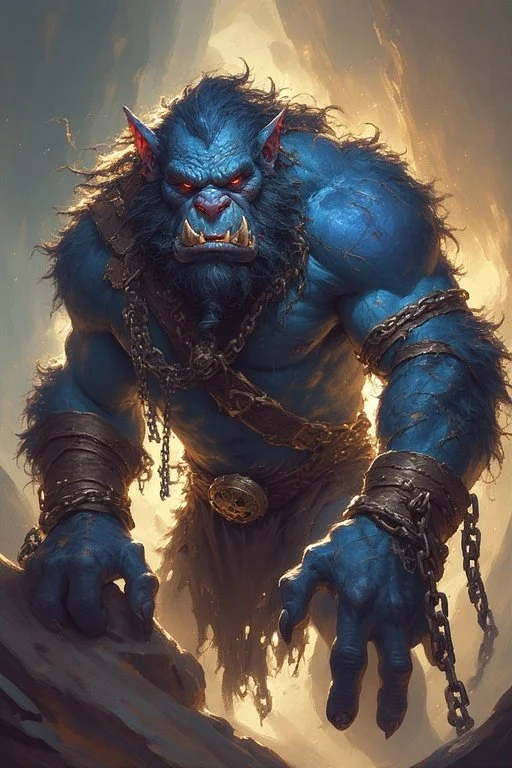 Laqana the beast (La-ka-na) was once a normal giant ogre, but to stop him from feeding on the people of their world, a group of mages kidnapped him, chained him up and attempted to magically alter him, but the magic went wrong and Laqana escaped, now
