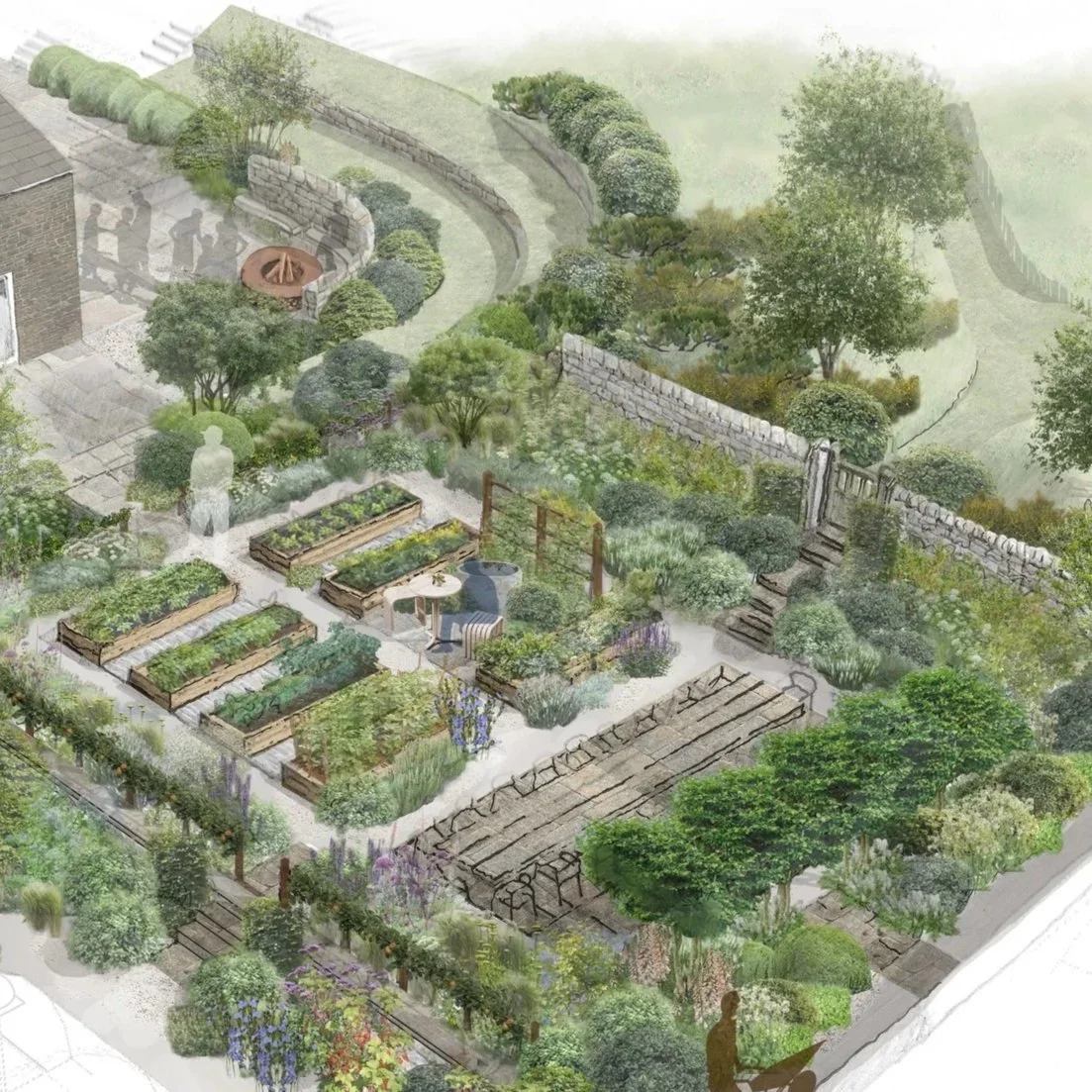 Illustration of a productive vegetable garden with stepover fruit trees, shrubs, a stone pathway, a wooden gate, and outdoor seating area.