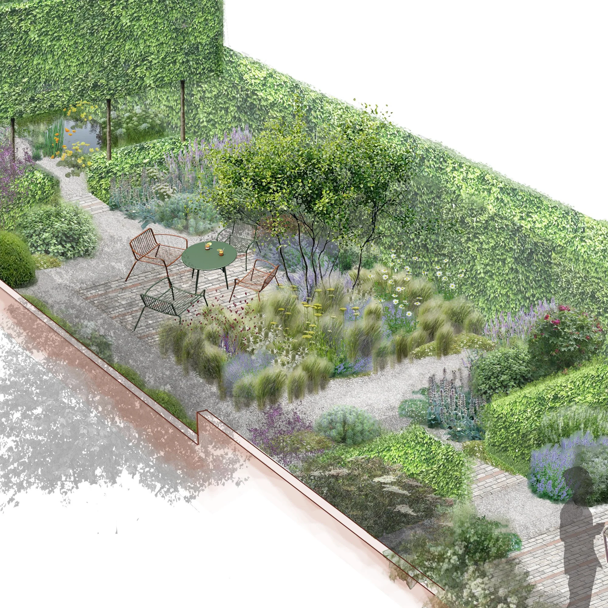An urban  garden with featuring a multistem Malus 'Evereste' tree.