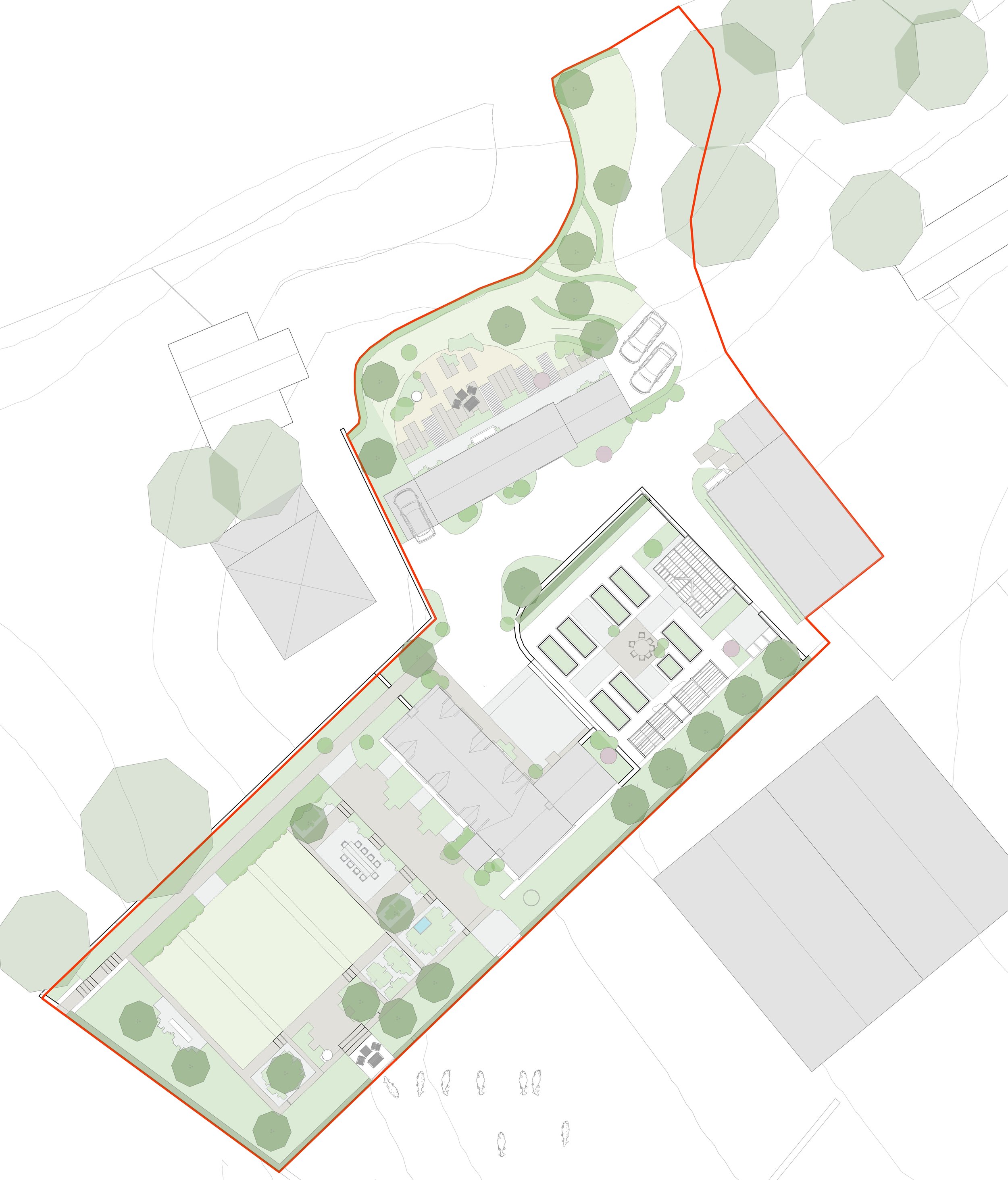Top-down architectural site plan showing building structures, landscaped areas, trees, parking spaces, and pathways within a property outlined by a red boundary line.
