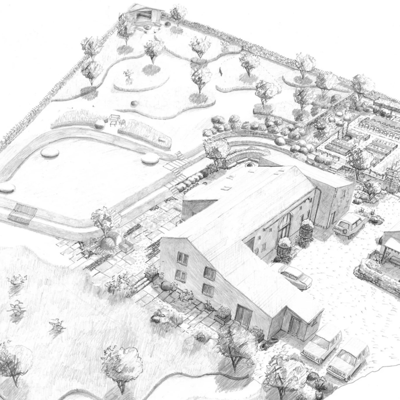 A black and white sketch of a rural garden near Tintwhistle wrapping around an old farmhouse with a productive garden.