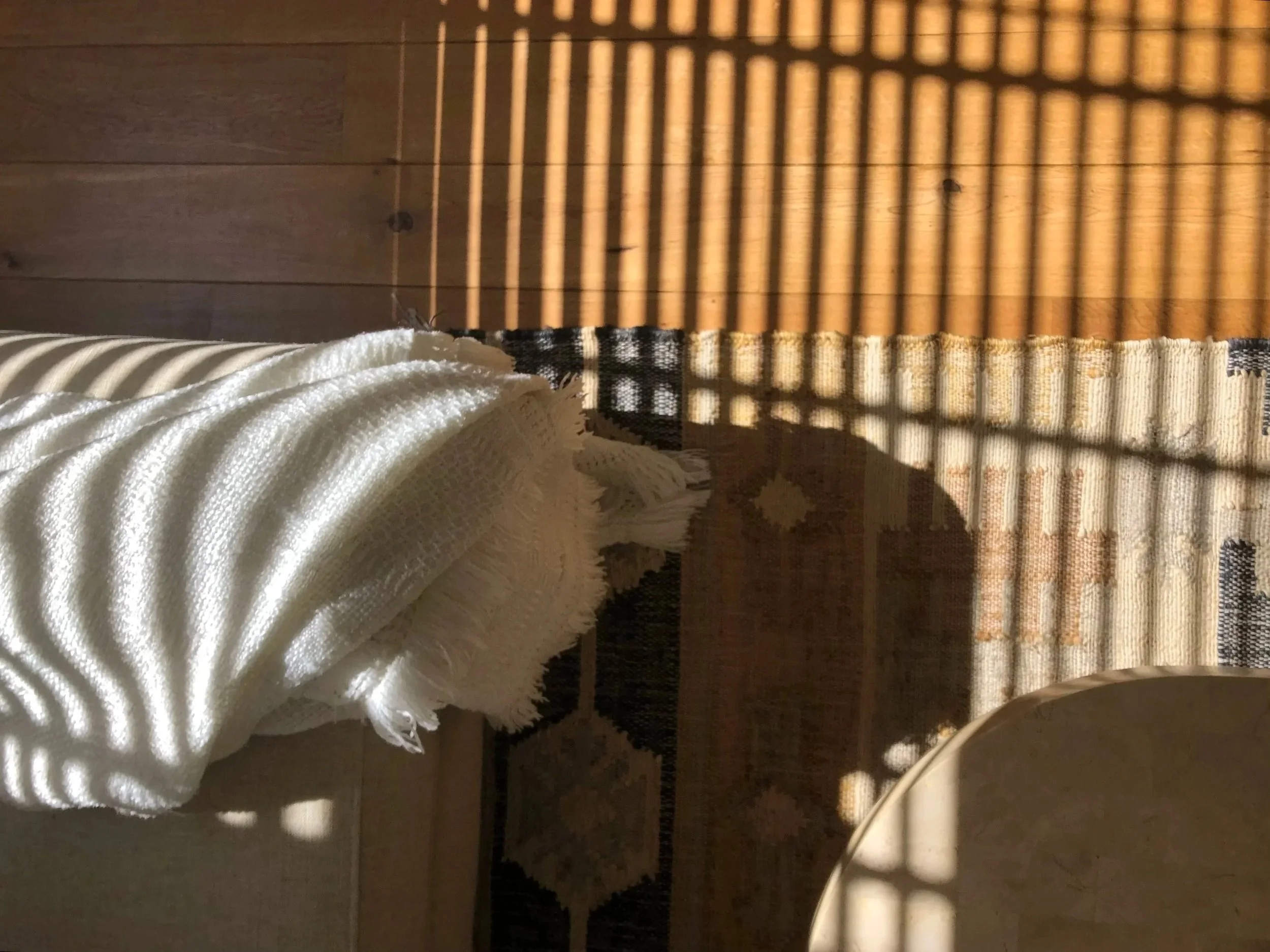 FLOT - Sun shining through shade on tribal and textured rug with an ottoman and blanket