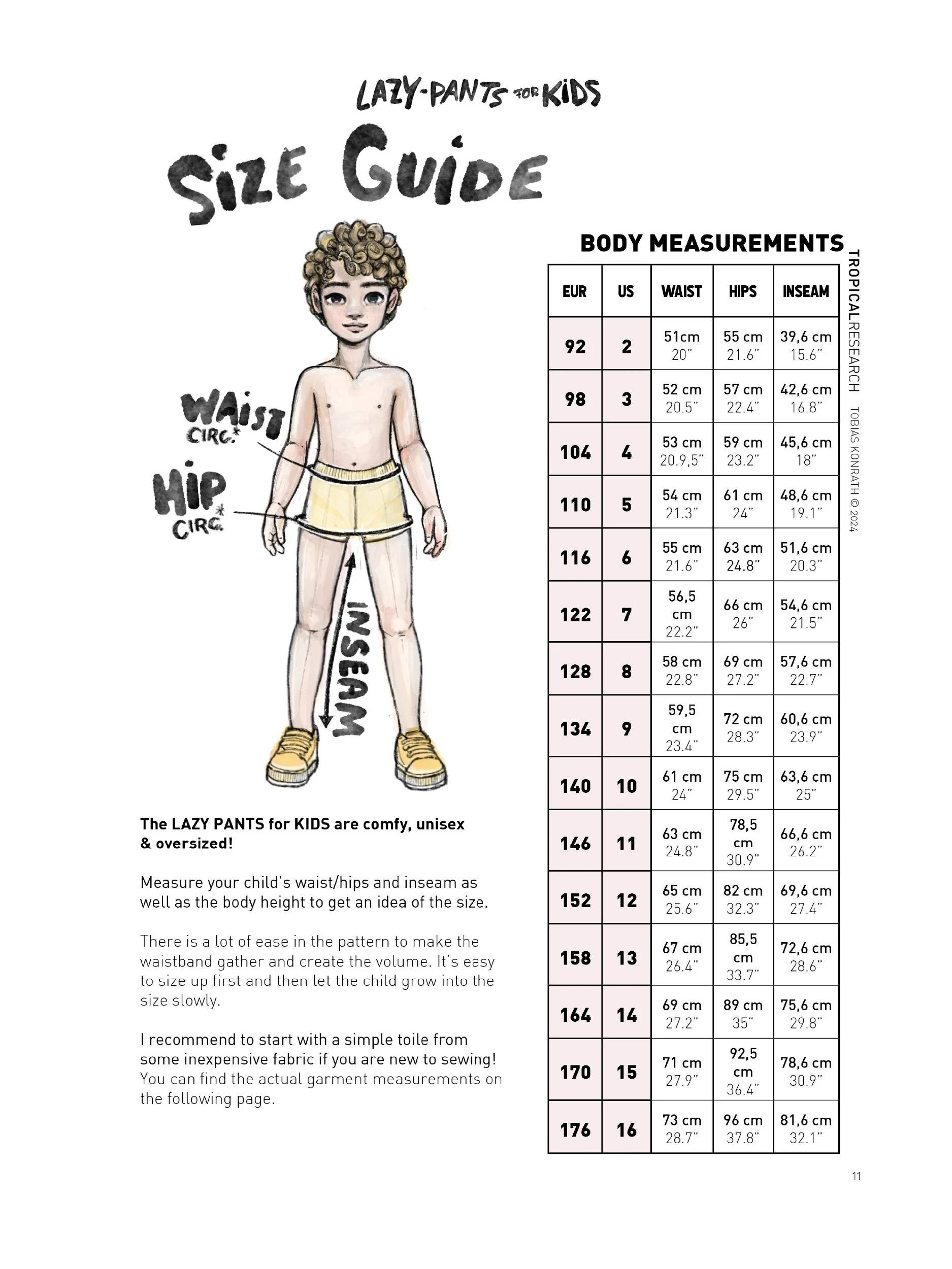 lazy pants for Kids - size guide table