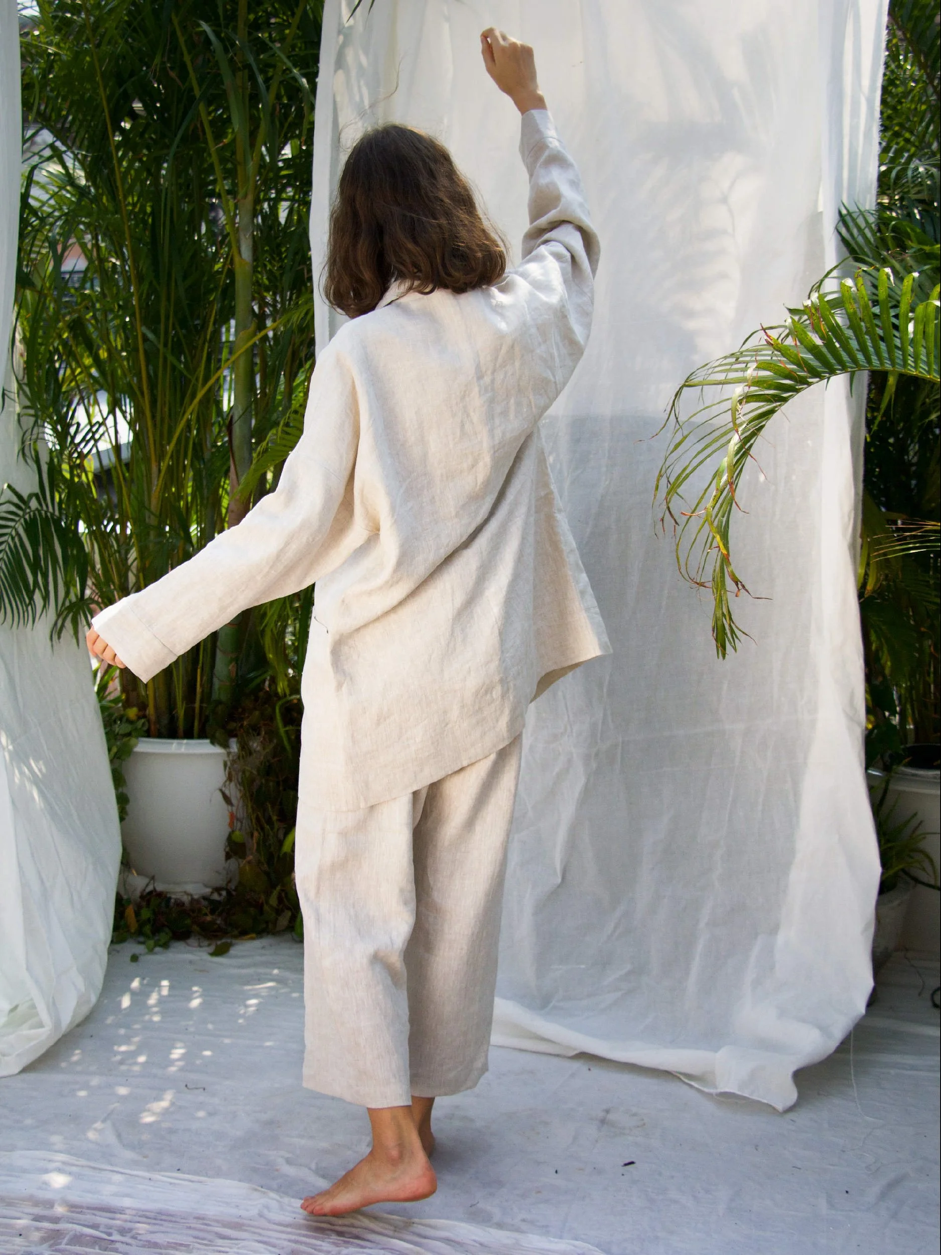 minimalist cardigan linen version back view