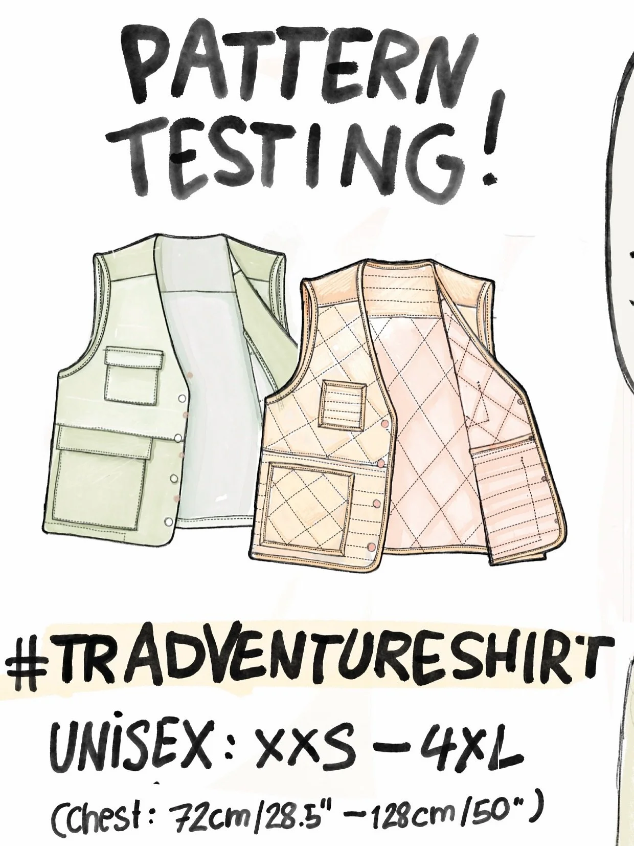 I need your help! ❤️ The #TRAdventureVest PDF sewing pattern is ready for testing!

Old and new testers with a little bit of time on their hands are all welcome! 🥰🙏

The Adventure Vest pattern includes unisex sizes XXS&ndash;4XL [chest circumferenc