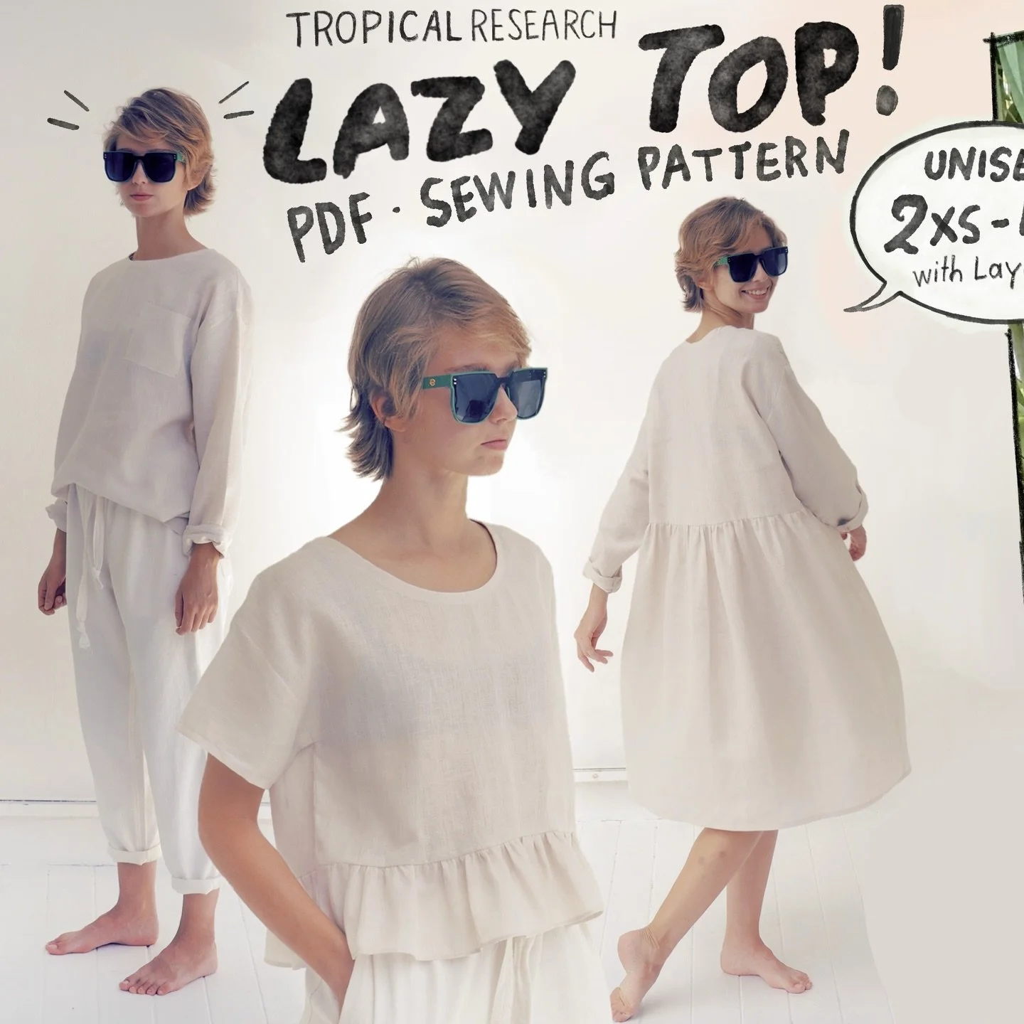 The Lazy Top - an oversized top or dress with real flexibility.
>> Now available in sizes 2XS-4XL.

> Three bodice lengths.
> Two sleeve lengths.
> Two crew neck options.
> Patch pockets and an optional gathered extension.

Designed