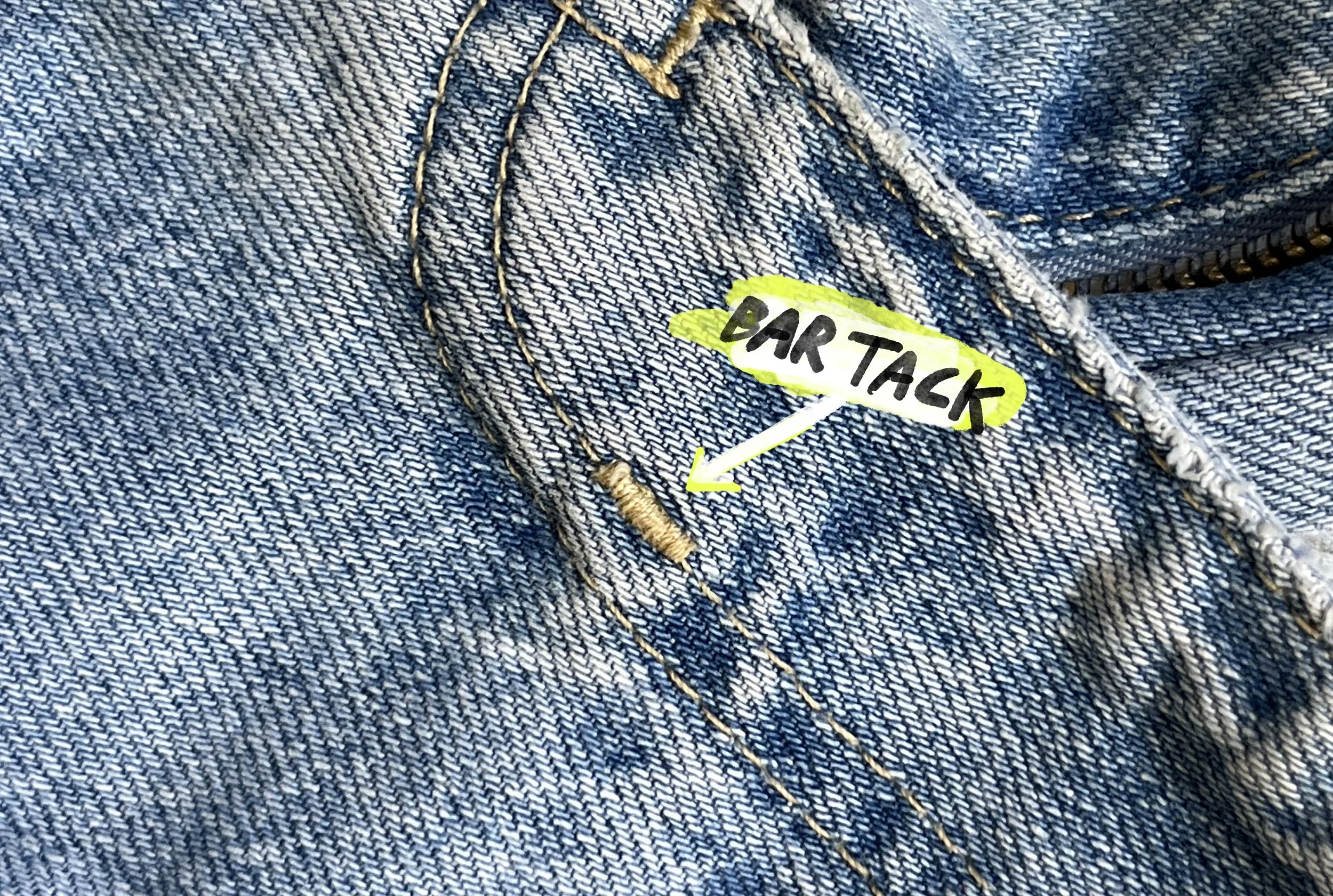 bar tack on jeans front fly graphic
