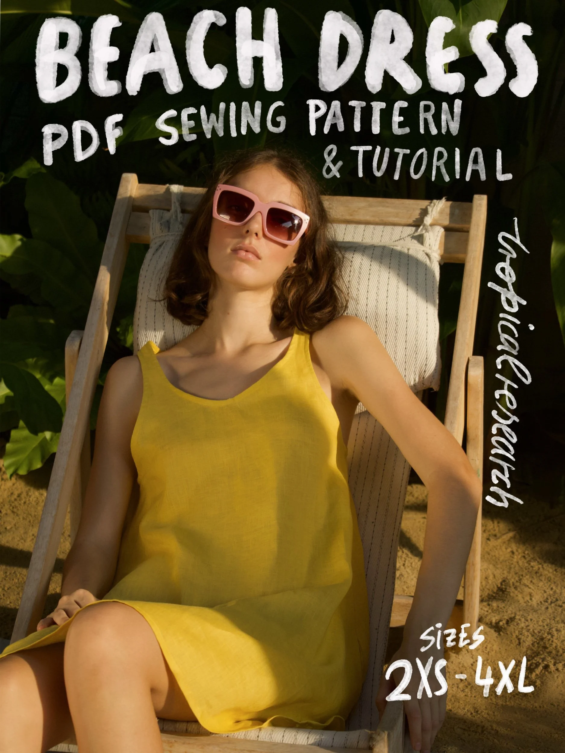 Beach dress cover image - model wearing yellow tank top style dress lounging in the sun