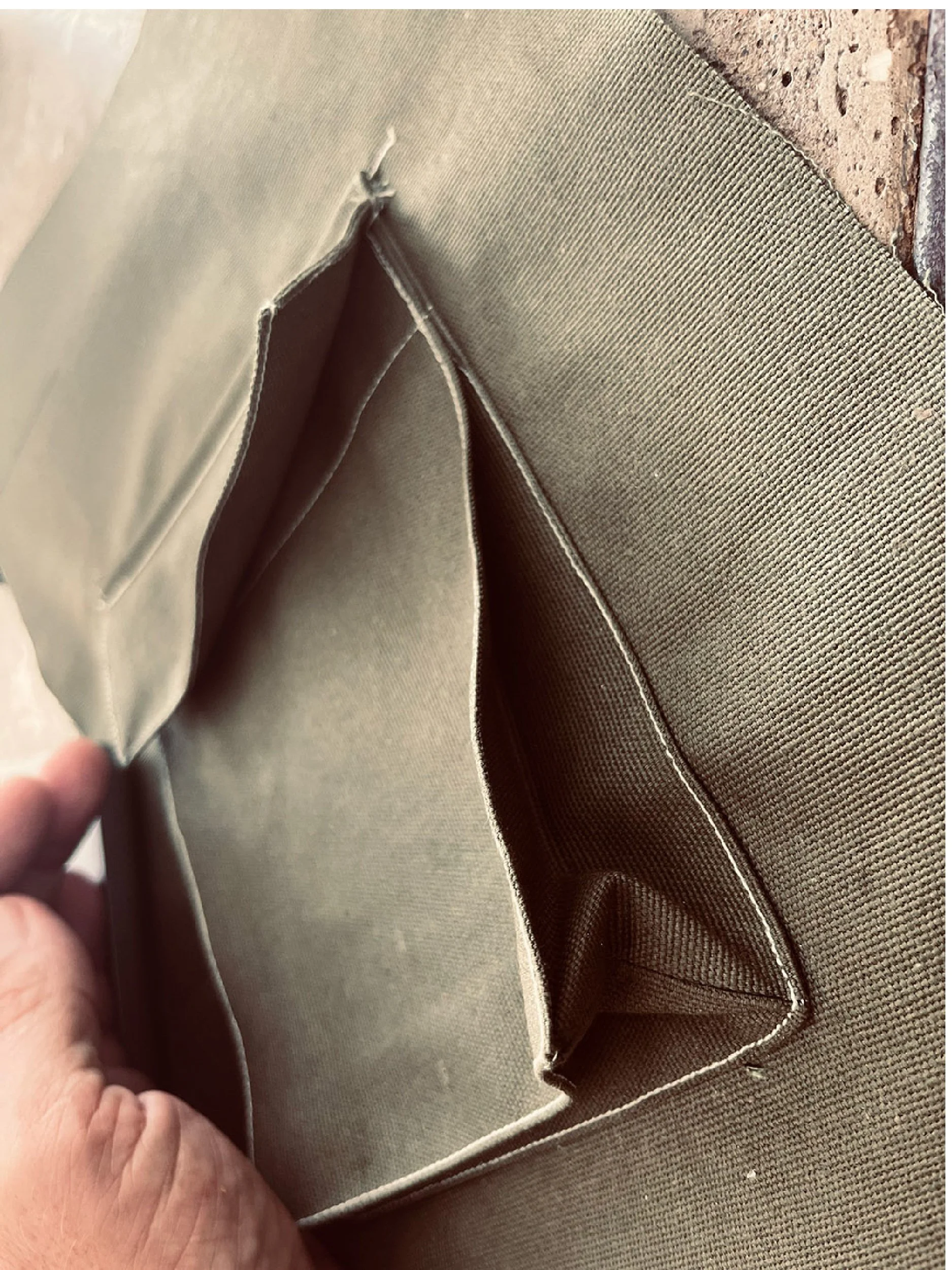 photo of a khaki green cargo pocket with flap made with the free pdf pattern