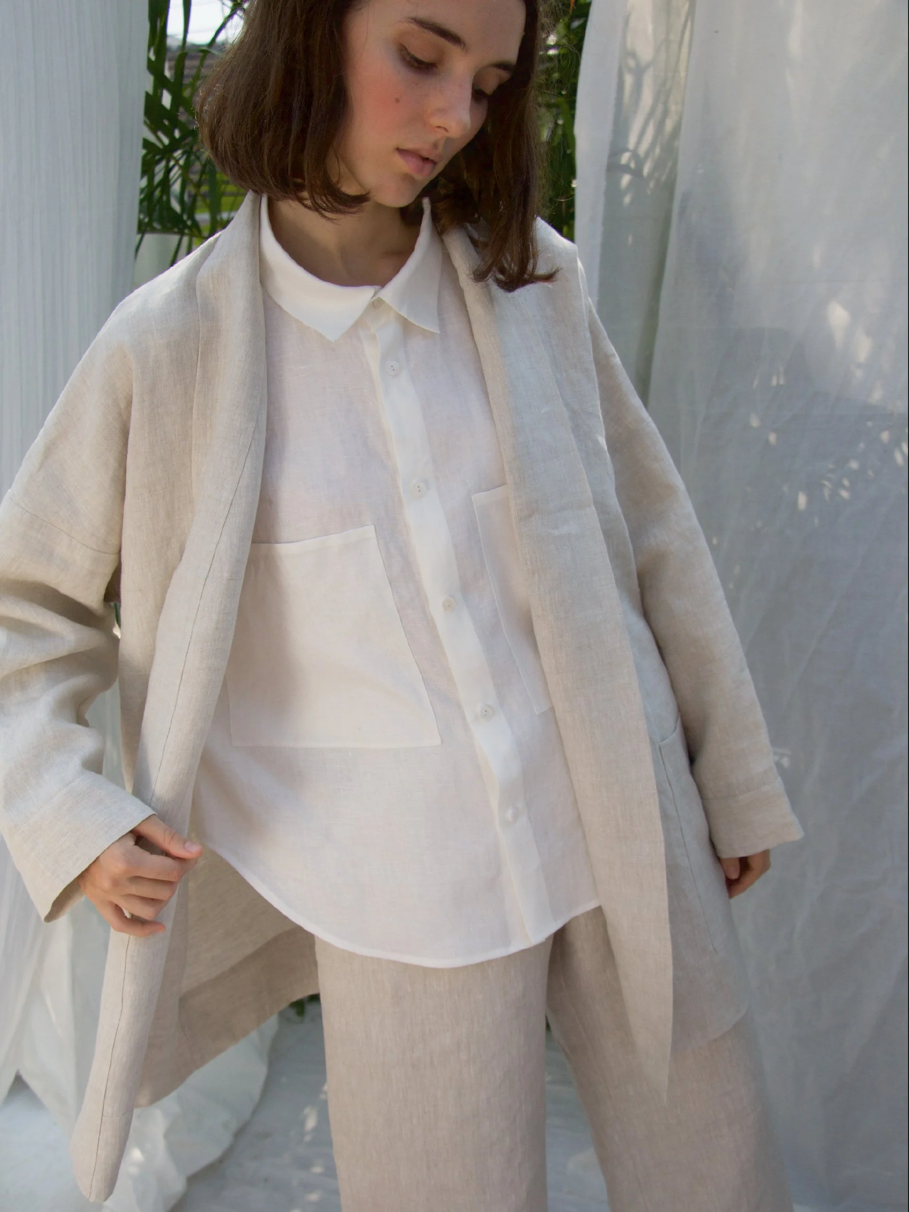 minimalist cardigan linen version shawl collar view